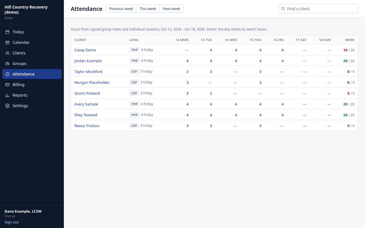 Program attendance: each client's hours by day against their level of care