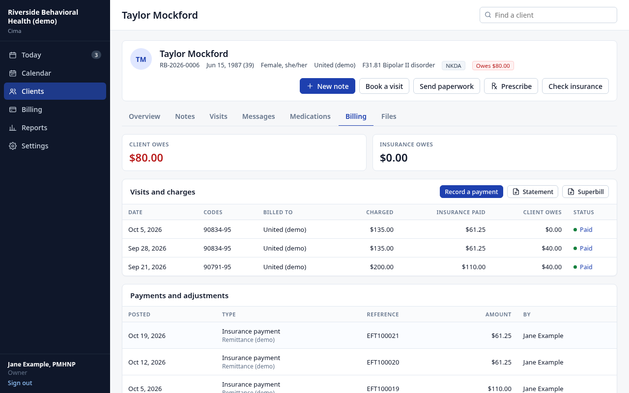 A client's chart: billing, statement and superbill