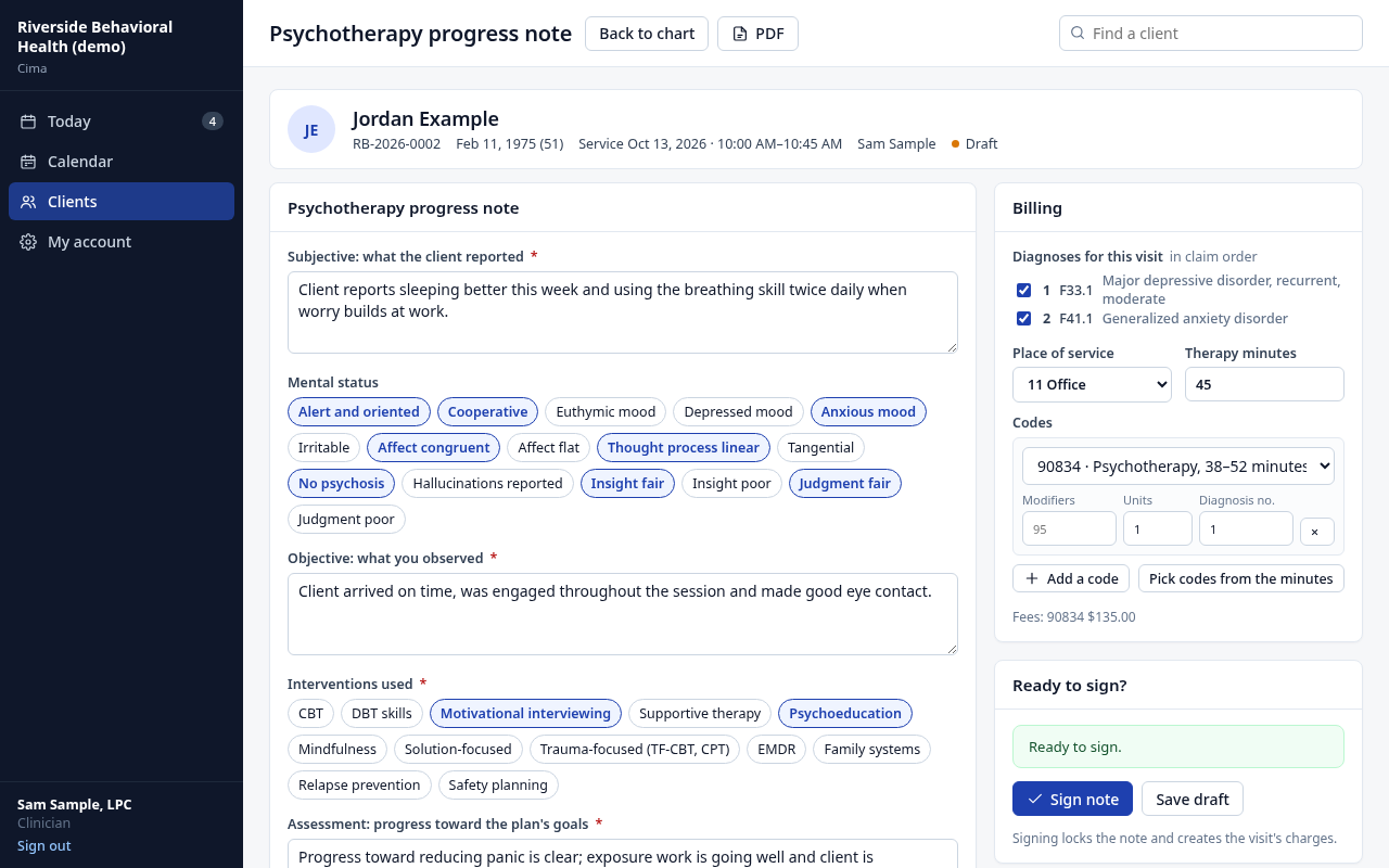 A psychotherapy progress note with its billing box
